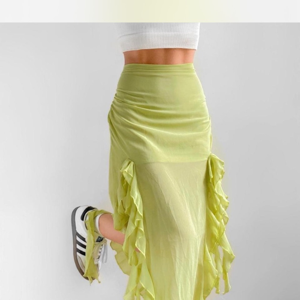 Lioness Lime Chiffon Maxi Skirt with Asymmetrical Hem, Ruching, and Ruffles - Picture 3 of 9